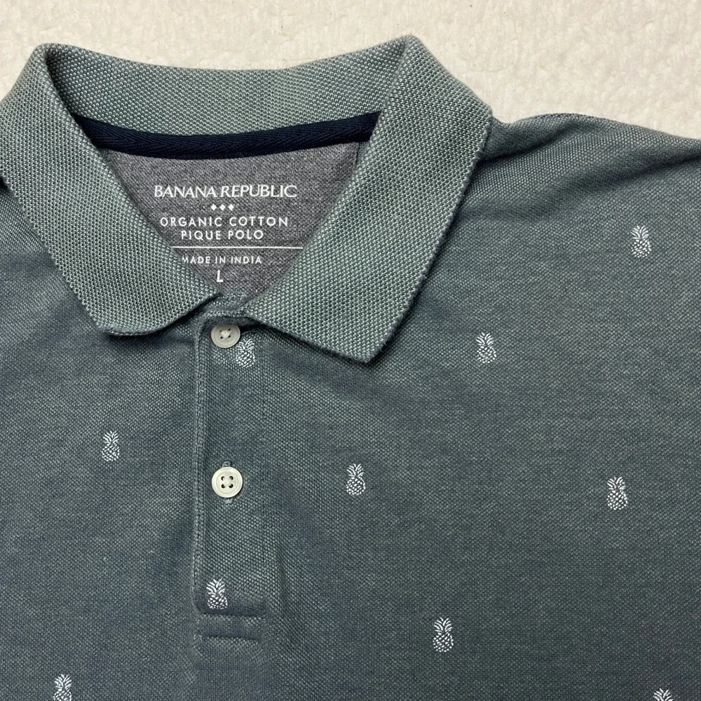 Banana Republic Polo Mens L Grey Tropical‎ Pineapple Organic Cotton Pique Shirt